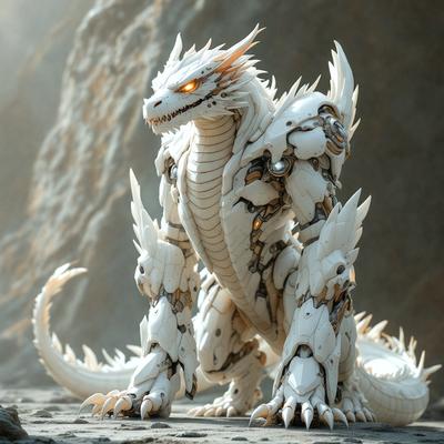 The primary subject of the image is a white dragon with a long neck and sharp teeth. It is sitting on a rocky surface, which serves as the setting for the scene. The visual style of the image is digital art, as it is a well-crafted and detailed illustration. The dominant colors in the image are white and grey, giving the dragon a sleek and menacing appearance.